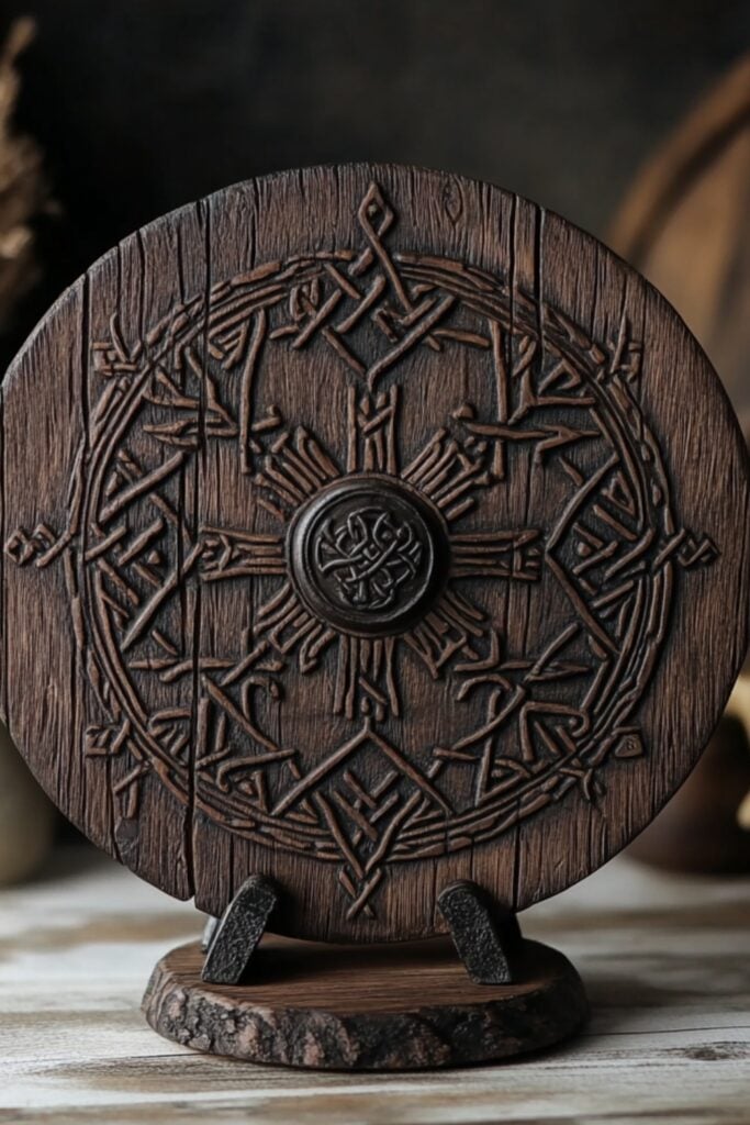 A Viking shield cake topper with detailed carvings of runes and knotwork, displayed with a rustic wooden finish for a Norse aesthetic.