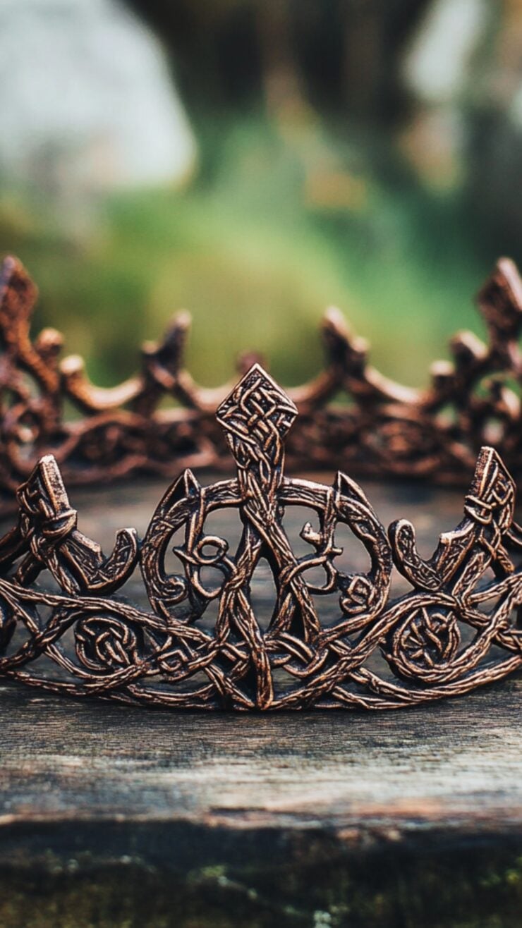 An intricately designed Viking bridal crown, showcasing historical artistry and symbolism, resting on a rustic wooden table, emphasizing Norse wedding traditions and cultural heritage.