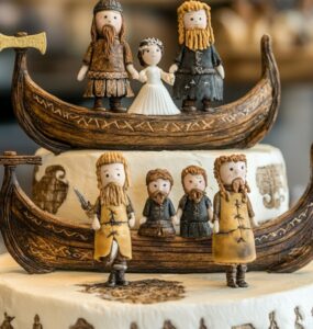An array of Viking wedding cake toppers, including traditional Viking couples, rune-inspired designs, and longships, displayed on a rustic wedding cake, perfect for celebrating Nordic heritage.