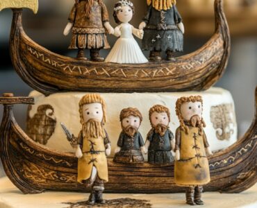 An array of Viking wedding cake toppers, including traditional Viking couples, rune-inspired designs, and longships, displayed on a rustic wedding cake, perfect for celebrating Nordic heritage.