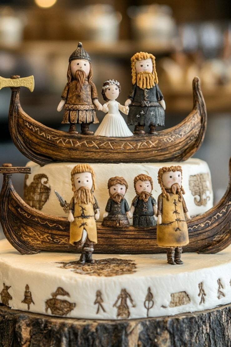 An array of Viking wedding cake toppers, including traditional Viking couples, rune-inspired designs, and longships, displayed on a rustic wedding cake, perfect for celebrating Nordic heritage.