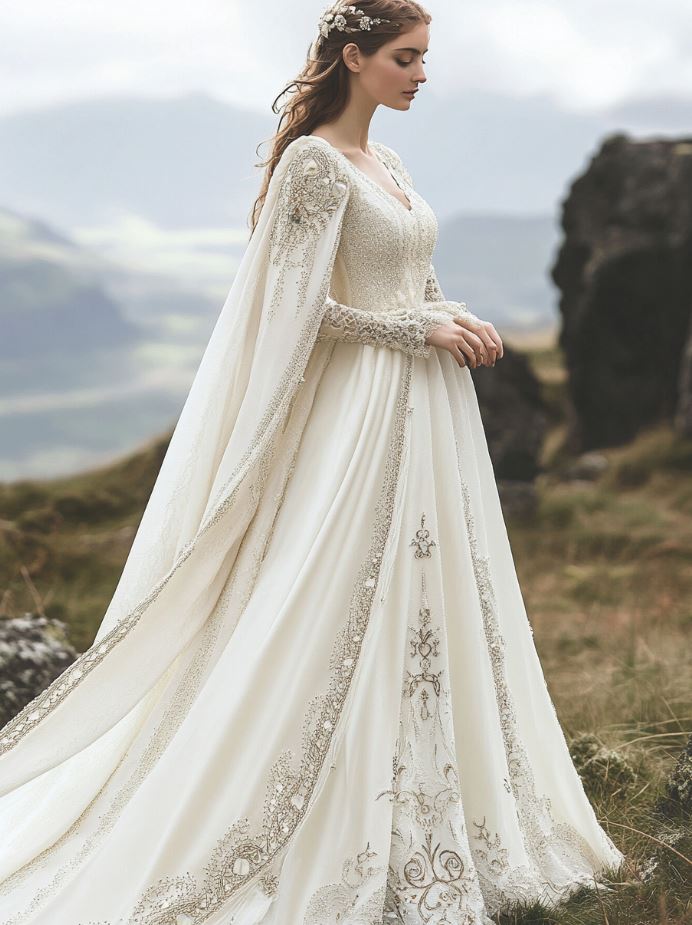 A Viking wedding dress featuring intricate beaded embellishments along the neckline, sleeves, or hem, capturing the artistry of Norse culture in a dazzling bridal design.
