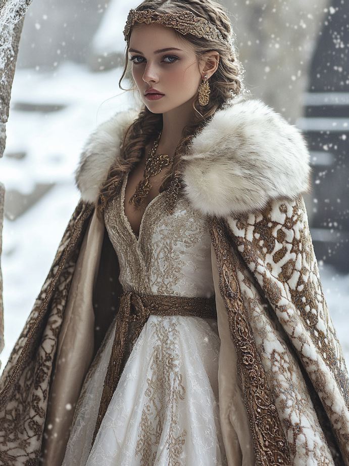 A Viking wedding dress with luxurious fur and pelt accents, including fur-lined hoods, capes, and trims, offering warmth and regal texture for a winter or rustic wedding.