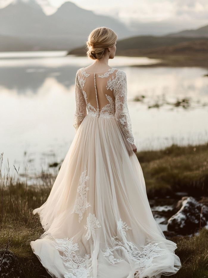 A Viking-inspired wedding dress with delicate lace and tulle details, combining intricate Norse embroidery with soft, ethereal fabrics for a romantic and timeless bridal look.