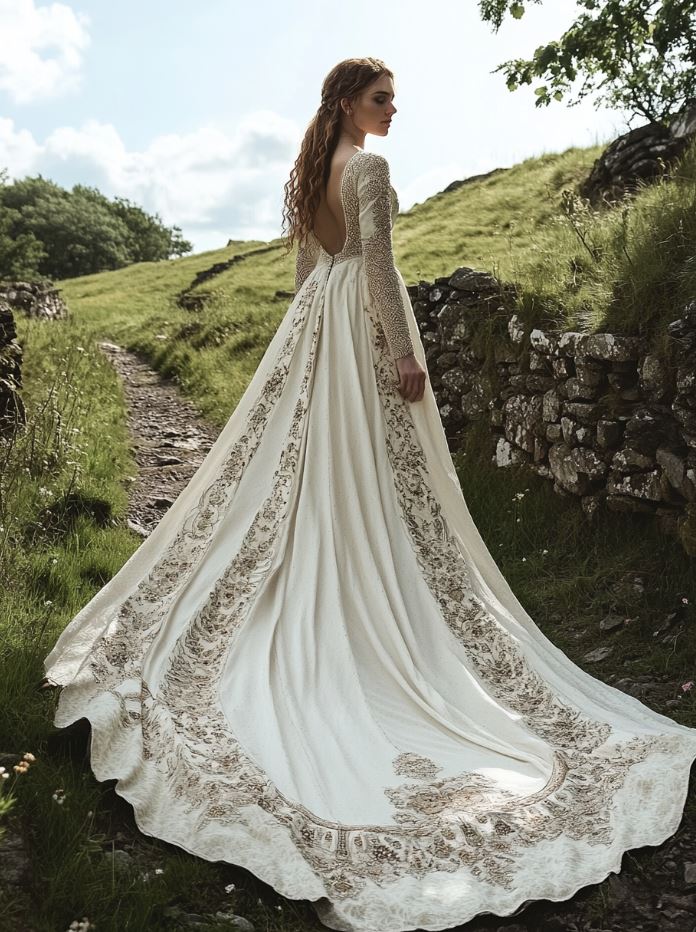 A Viking wedding dress featuring a long, sweeping train that flows behind the bride, symbolizing grandeur and elegance, with luxurious materials and intricate embroidery.
