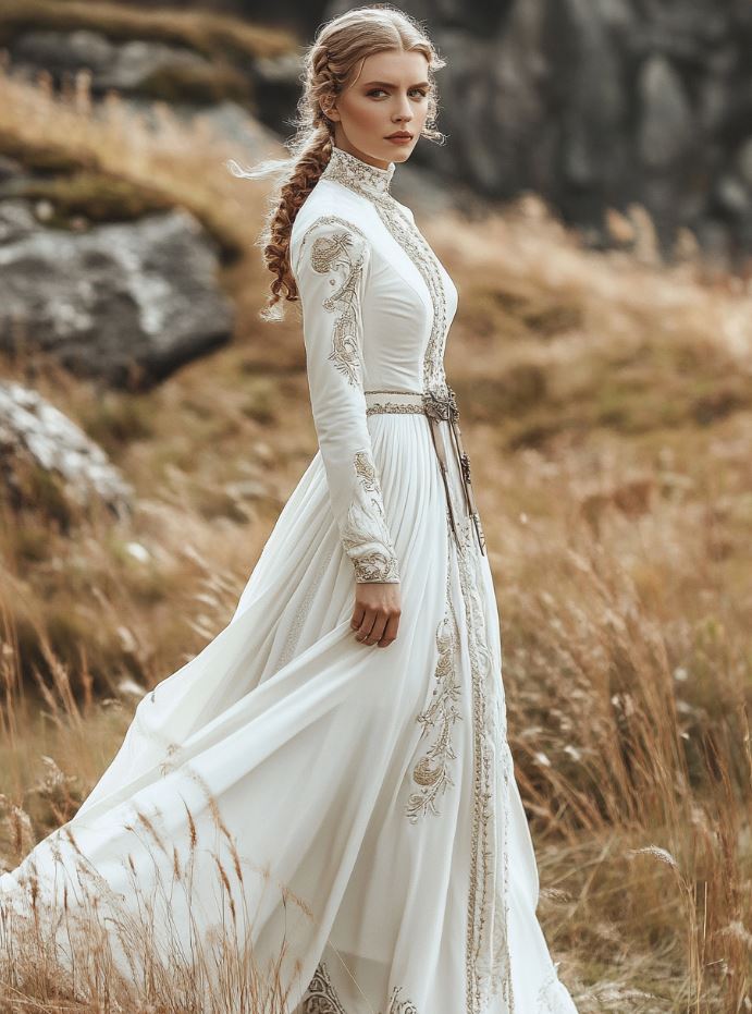 A Viking wedding dress with a high neckline, featuring clean lines and historical details like embroidery or metal clasps, embodying strength and elegance in a regal bridal style.