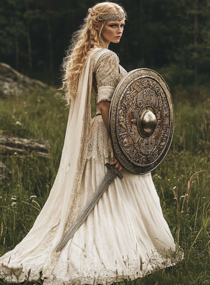 A Viking wedding dress adorned with shield maiden motifs, such as shields, swords, and Viking helmets, designed to evoke the strength and bravery of ancient warrior women.