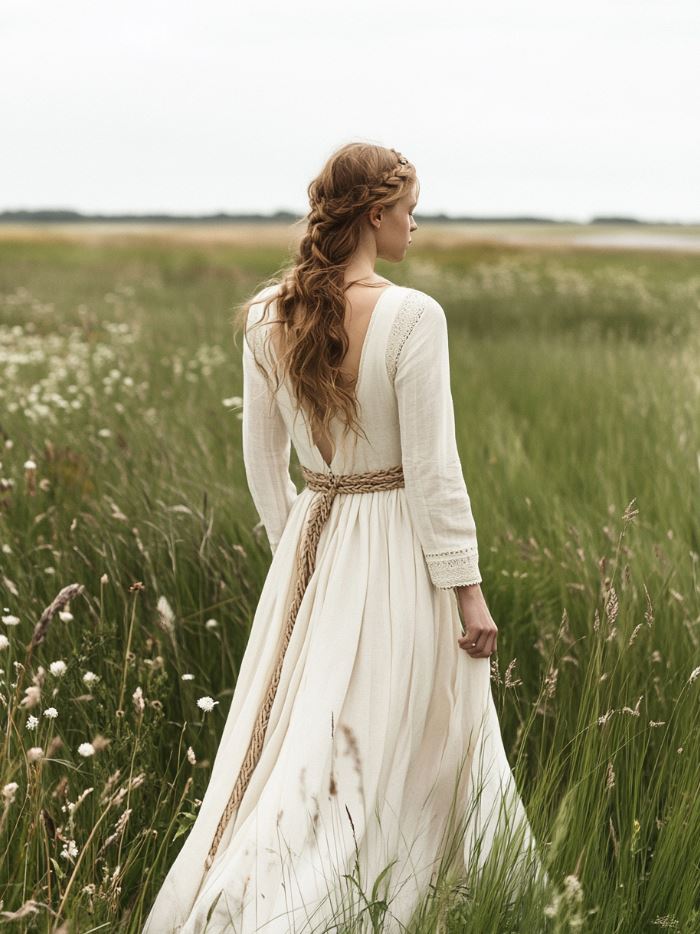 A minimalist Viking wedding dress with a simple silhouette, made from natural fabrics like linen or wool, showcasing understated elegance with subtle touches like embroidery or braided belts.