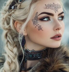 A bride in Viking-inspired makeup, blending bold warrior accents and natural aesthetics, featuring intricate runic designs and frosted winter tones, capturing the essence of Norse traditions.