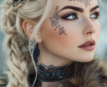 A bride in Viking-inspired makeup, blending bold warrior accents and natural aesthetics, featuring intricate runic designs and frosted winter tones, capturing the essence of Norse traditions.