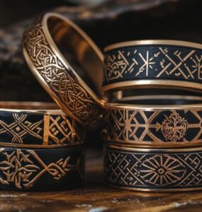 An assortment of Viking wedding rings featuring intricate designs and Norse symbols, symbolizing unity, strength, and cultural heritage.