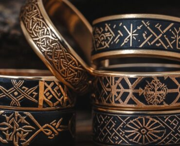 An assortment of Viking wedding rings featuring intricate designs and Norse symbols, symbolizing unity, strength, and cultural heritage.