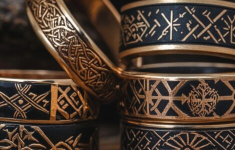 An assortment of Viking wedding rings featuring intricate designs and Norse symbols, symbolizing unity, strength, and cultural heritage.