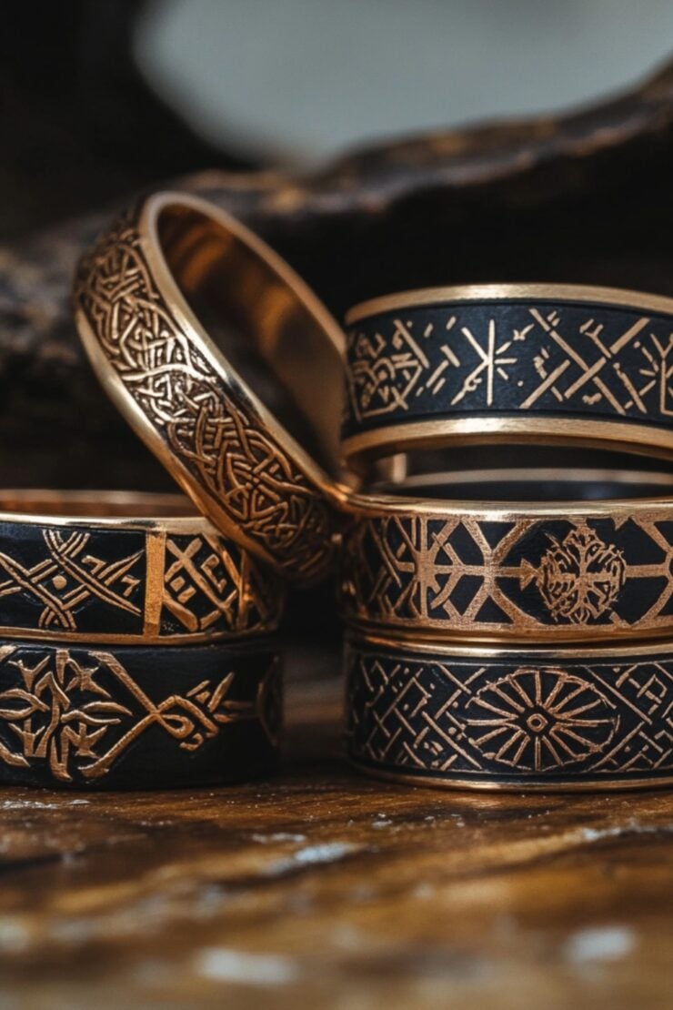 An assortment of Viking wedding rings featuring intricate designs and Norse symbols, symbolizing unity, strength, and cultural heritage.