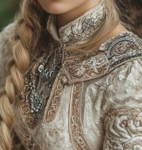 Close-up of a bride in a Viking wedding traditional dress, featuring intricate embroidery, fur accents, and Norse-inspired details, set against a backdrop of lush Scandinavian nature.