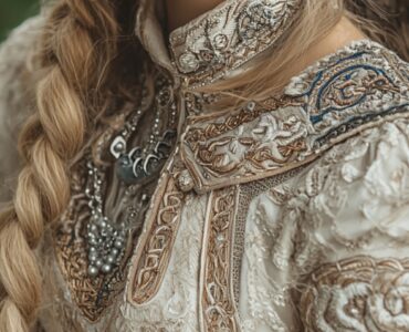 Close-up of a bride in a Viking wedding traditional dress, featuring intricate embroidery, fur accents, and Norse-inspired details, set against a backdrop of lush Scandinavian nature.