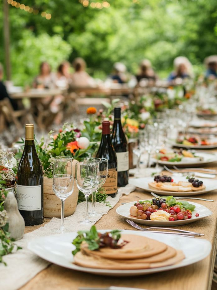 Rustic farm-to-table wedding reception with seasonal dishes, local wines, and guests enjoying fresh, sustainably sourced food in a charming outdoor setting.