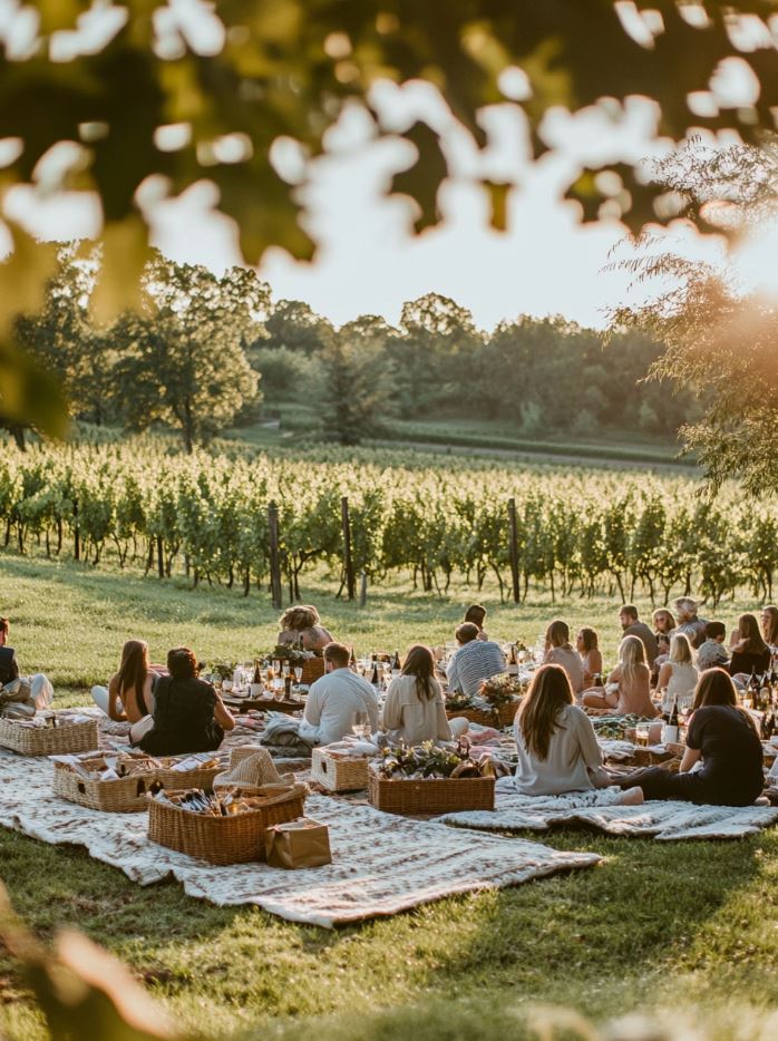 Relaxed vineyard wedding reception with guests seated on blankets, enjoying gourmet picnic baskets, and sipping wine with scenic vineyard views.
