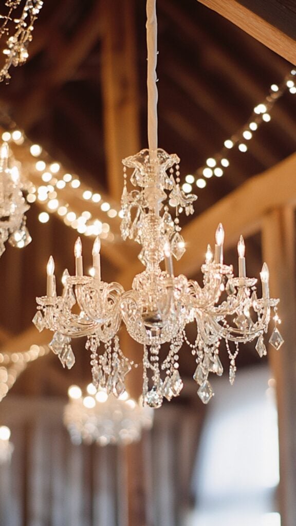 Ornate vintage chandeliers suspended from barn beams, combining rustic charm with timeless elegance for wedding lighting.
