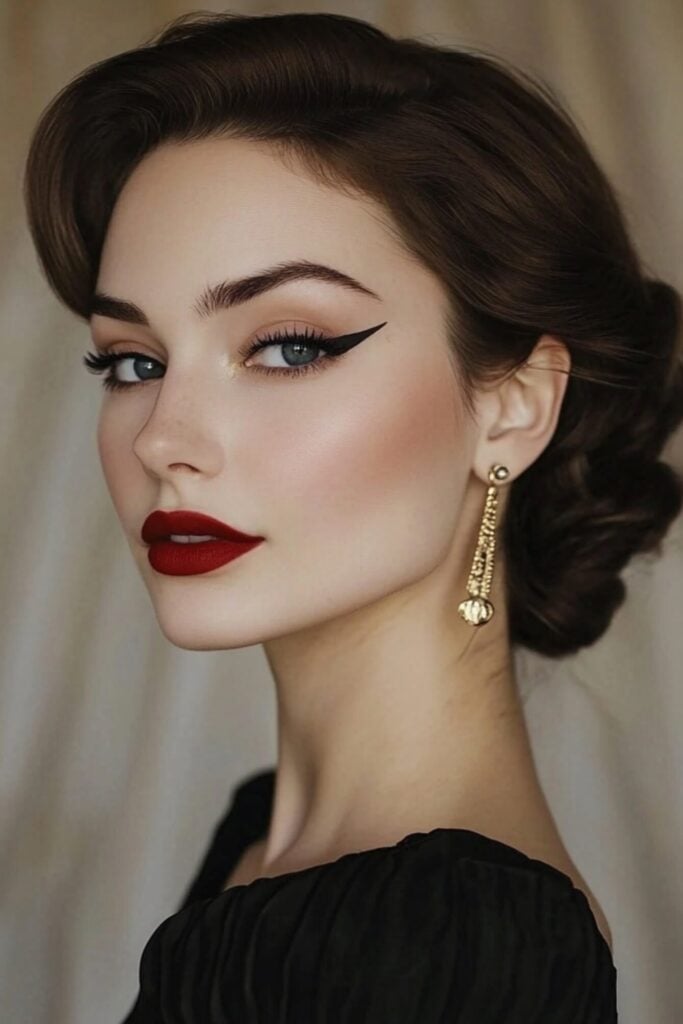 Photo of a wedding guest with a retro-inspired look, featuring winged eyeliner, a matte red lip, defined brows, and a soft gold-toned eyeshadow.