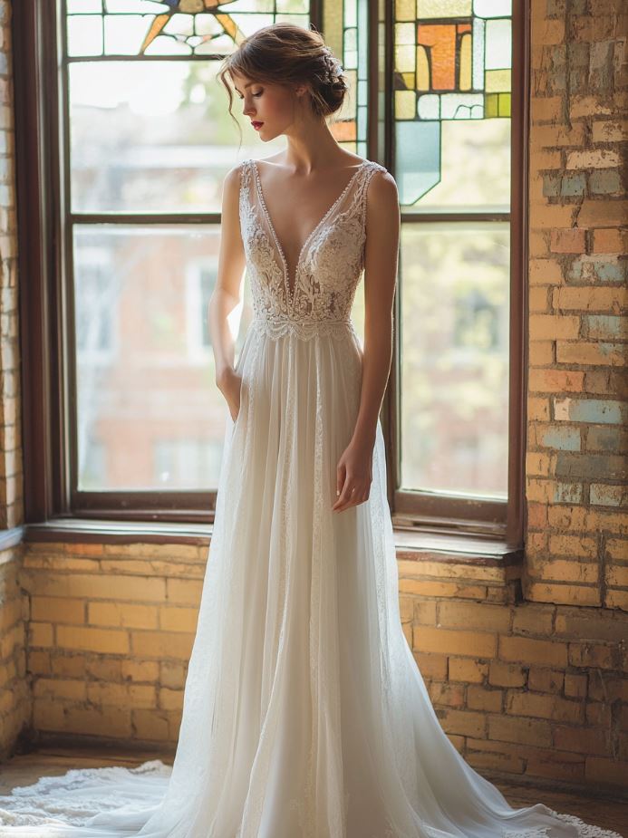 A wedding gown with vintage-inspired elements, such as lace detailing, classic silhouettes, and retro accents. The dress captures the charm of past eras, whether it's a 1920s flapper style or a 1950s A-line shape, offering brides a timeless look while incorporating modern fabrics and design features for a unique, nostalgic bridal experience.