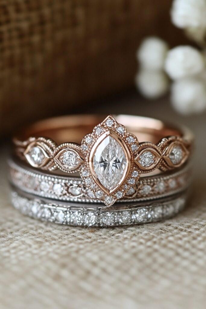A vintage-style marquise wedding stack with intricate filigree bands, milgrain details, and rose gold accents for a timeless, antique-inspired look.