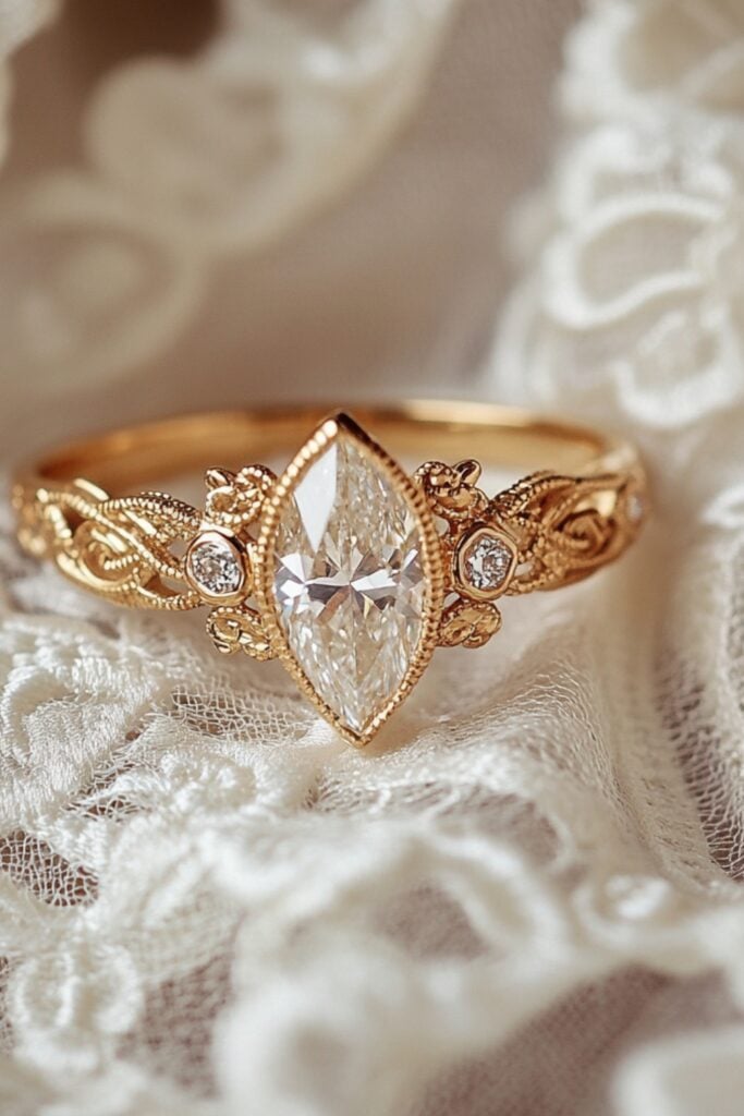 A vintage-inspired wedding ring with intricate filigree designs and a marquise-cut diamond, placed on an antique lace cloth for a romantic feel.