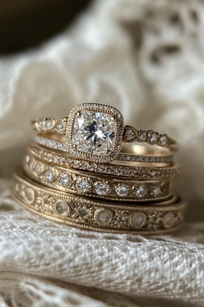 A vintage-style ring stack with ornate filigree, milgrain detailing, and cushion-cut diamonds, resting on a lace fabric for a nostalgic effect.