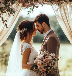A couple standing beneath a beautifully decorated vintage wedding arch, exchanging vows in a picturesque setting filled with charm and tradition.