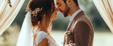 A couple standing beneath a beautifully decorated vintage wedding arch, exchanging vows in a picturesque setting filled with charm and tradition.