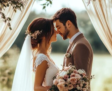 A couple standing beneath a beautifully decorated vintage wedding arch, exchanging vows in a picturesque setting filled with charm and tradition.