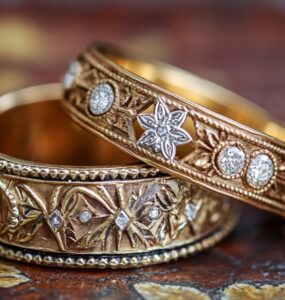 vintage wedding bands featuring intricate designs, including Art Deco and Edwardian styles, symbolizing romance and timeless craftsmanship.