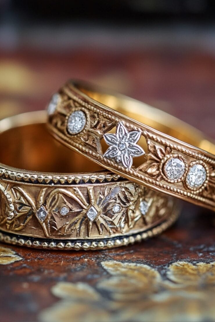 vintage wedding bands featuring intricate designs, including Art Deco and Edwardian styles, symbolizing romance and timeless craftsmanship.