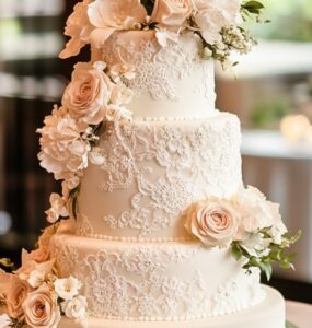 A beautifully crafted vintage wedding cake with intricate lace designs and cascading floral arrangements, displayed in an elegant setting that evokes timeless romance and charm, perfect for rustic or glamorous celebrations.