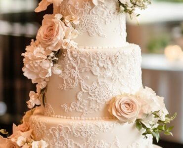 A beautifully crafted vintage wedding cake with intricate lace designs and cascading floral arrangements, displayed in an elegant setting that evokes timeless romance and charm, perfect for rustic or glamorous celebrations.
