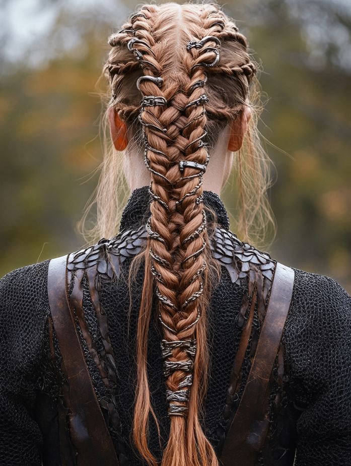 A fierce braided ponytail hairstyle with tightly woven braids and decorated with metal clasps and leather wraps, showcasing strength and Viking elegance.