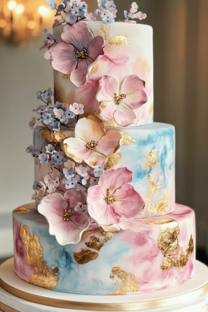 A hand-painted wedding cake featuring soft watercolor designs in pastel shades of pink, blue, and lavender, accented with gold leaf and sugar blossoms.