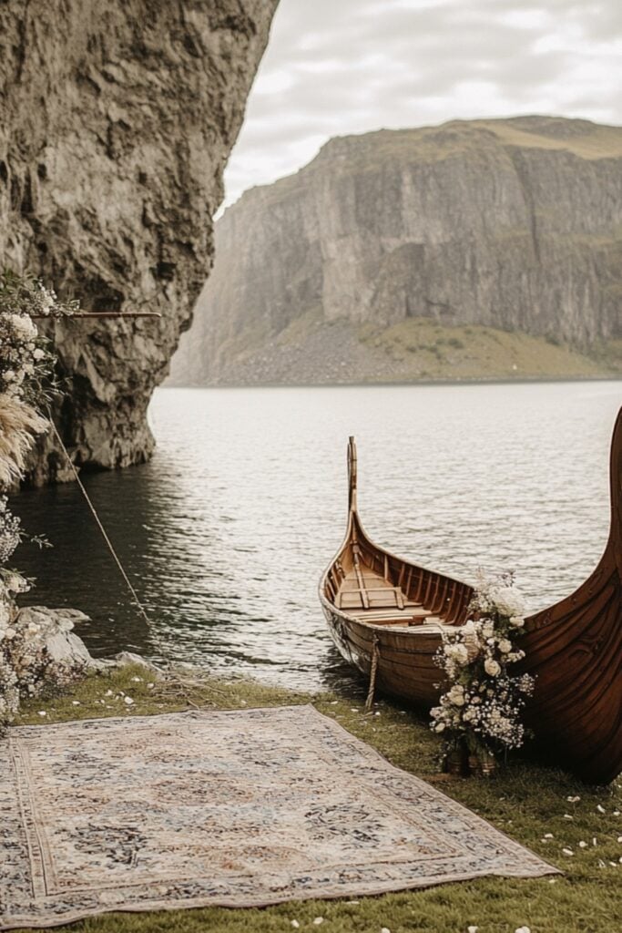 Viking-themed wedding venue by a serene fjord with dramatic cliffs and a traditional Viking ship at the shore.