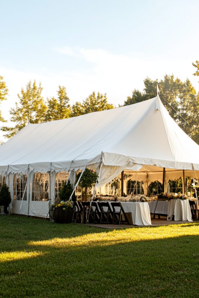 A large white wedding tent set up in a backyard with chairs, blankets, and umbrellas prepared for changing weather conditions.
