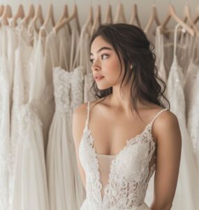 A bride contemplating her wedding dress selection, exploring a wide range of styles from minimalist and romantic to bohemian and dramatic. The image highlights the excitement and personal nature of choosing a gown, with options that reflect the bride’s individuality and personality. The perfect wedding dress, whether it be in modern fabrics or traditional cuts, symbolizes a moment of beauty, confidence, and celebration, setting the tone for a memorable and special wedding day.