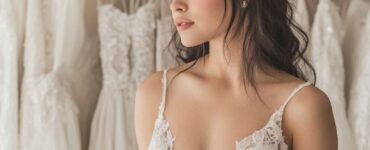 A bride contemplating her wedding dress selection, exploring a wide range of styles from minimalist and romantic to bohemian and dramatic. The image highlights the excitement and personal nature of choosing a gown, with options that reflect the bride’s individuality and personality. The perfect wedding dress, whether it be in modern fabrics or traditional cuts, symbolizes a moment of beauty, confidence, and celebration, setting the tone for a memorable and special wedding day.