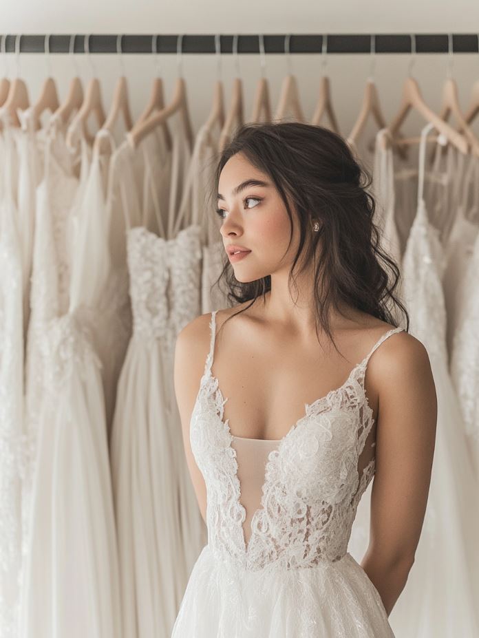 A bride contemplating her wedding dress selection, exploring a wide range of styles from minimalist and romantic to bohemian and dramatic. The image highlights the excitement and personal nature of choosing a gown, with options that reflect the bride’s individuality and personality. The perfect wedding dress, whether it be in modern fabrics or traditional cuts, symbolizes a moment of beauty, confidence, and celebration, setting the tone for a memorable and special wedding day.