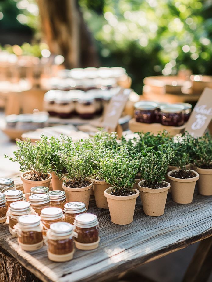 Personalized wedding favors like mini potted plants and handmade jars of jam, beautifully displayed on a rustic table for guests at a backyard wedding reception.