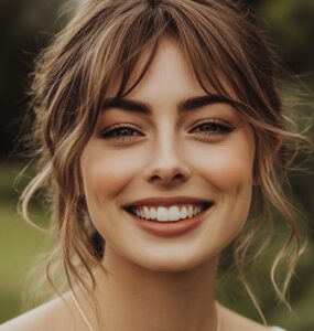 Photo of a smiling wedding guest in natural light, showcasing elegant yet understated makeup, perfect for celebrating the happy couple’s special day.