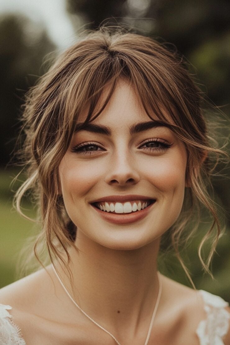 Photo of a smiling wedding guest in natural light, showcasing elegant yet understated makeup, perfect for celebrating the happy couple’s special day.