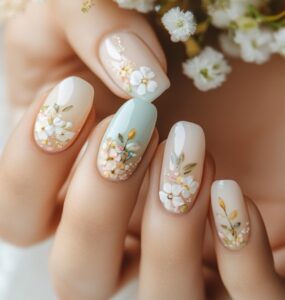 A close-up of elegantly manicured hands holding a delicate bouquet, showcasing soft, pastel-toned nails with subtle floral accents, perfect for a wedding guest.
