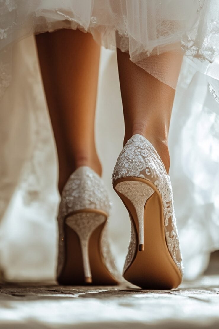Close-up of a bride’s feet in stylish wedding heels as she steps forward, symbolizing confidence and the start of a beautiful journey.