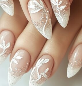 elegant nail designs, showcasing soft tones, glitter, and delicate art that align with a wedding theme.