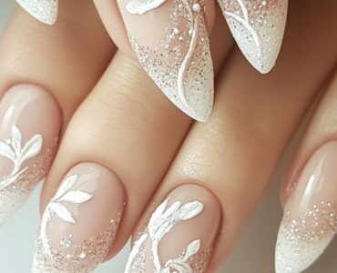 elegant nail designs, showcasing soft tones, glitter, and delicate art that align with a wedding theme.