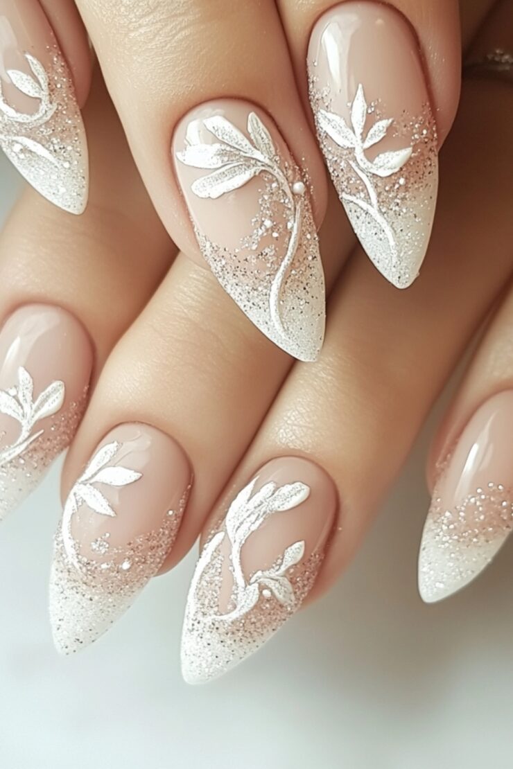 elegant nail designs, showcasing soft tones, glitter, and delicate art that align with a wedding theme.